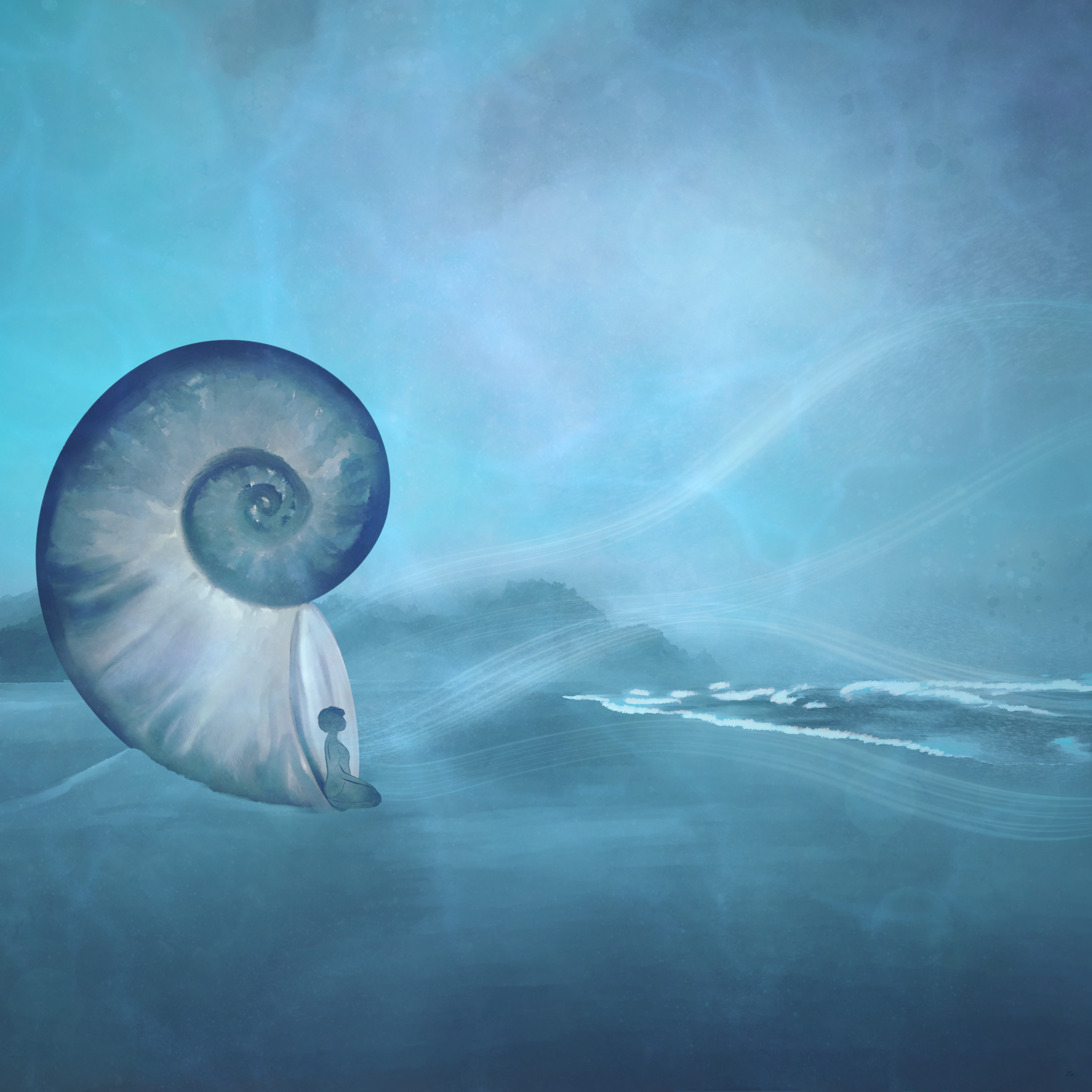 A digital sketch of woman sitting at the opening of a large shell at the edge of the ocean in a kneeled pose. The tones are blue and muted. There is waves of lines from/to the shell with waves along the beach. There is a calm sense through out the sketch. The beach is sandy and the perspective is from the side. 